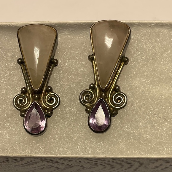 Vintage Sterling Silver Sajen Rose 🌹 Quartz & Amethyst Gemstone Earrings. 1” - Picture 1 of 8